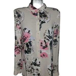Le Chateau Cream Floral Print Long Sleeve Button Up Shirt M